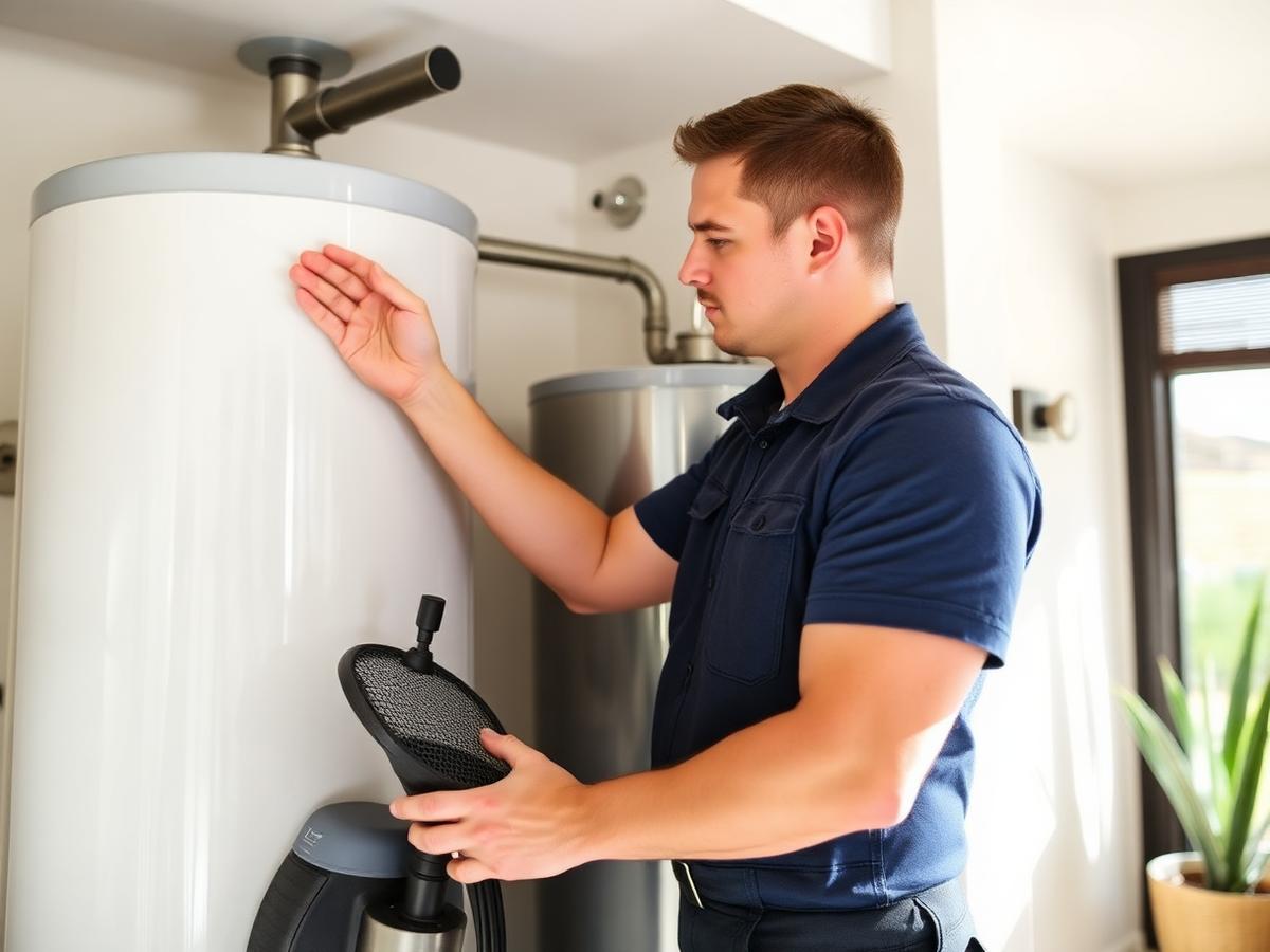 Plumber inspecting a water heater in a Gilbert AZ home