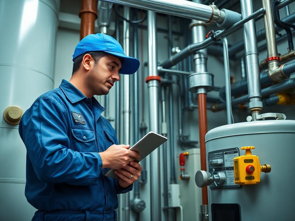 Water Pros technician inspecting a commercial water heater system