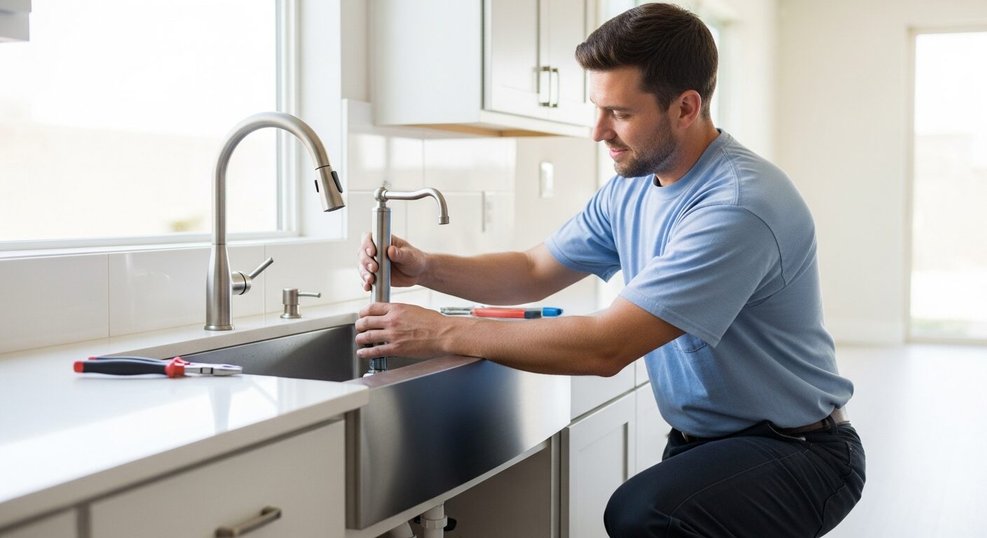 Water Pros Plumbing technician installing a modern kitchen faucet