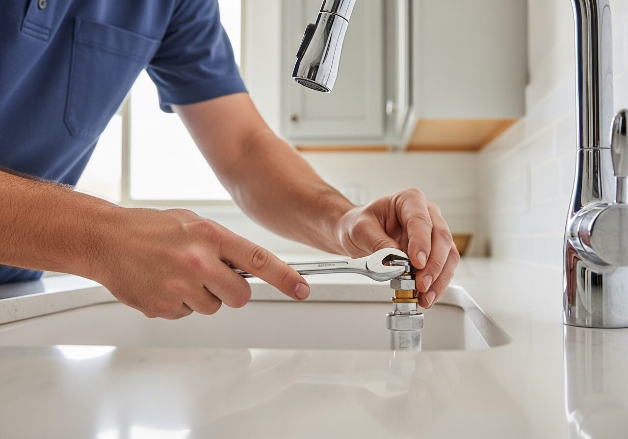Plumber tightening the connections on a new faucet under a sink