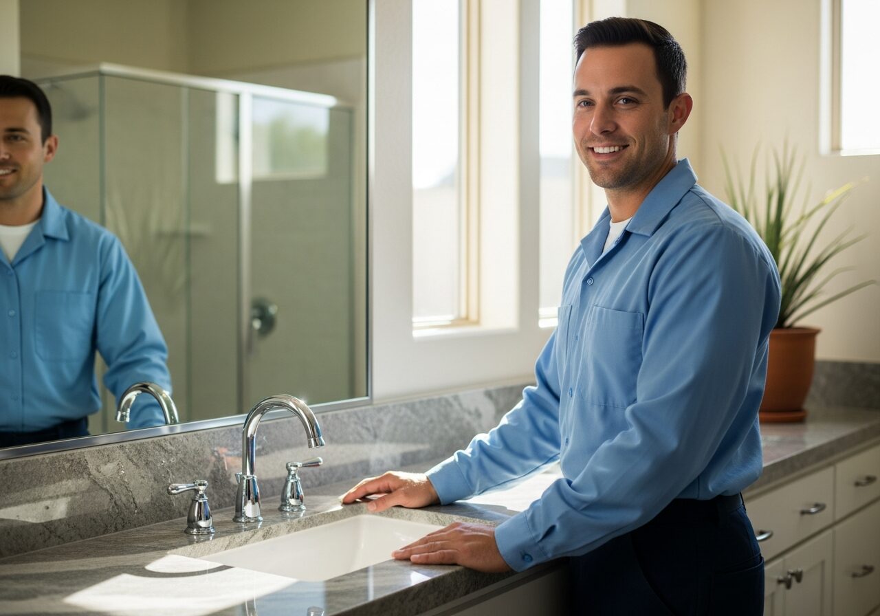 Elegant modern bathroom with a newly installed chrome faucet