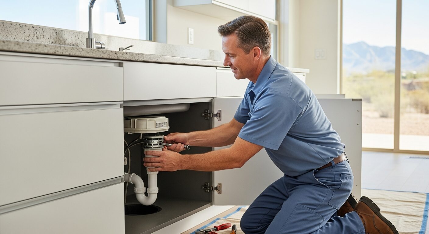 Water Pros Plumbing technician repairing a garbage disposal under a kitchen sink