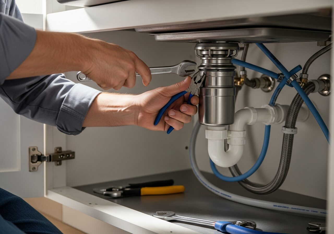 Plumber working on a garbage disposal unit under a sink in a Gilbert AZ home