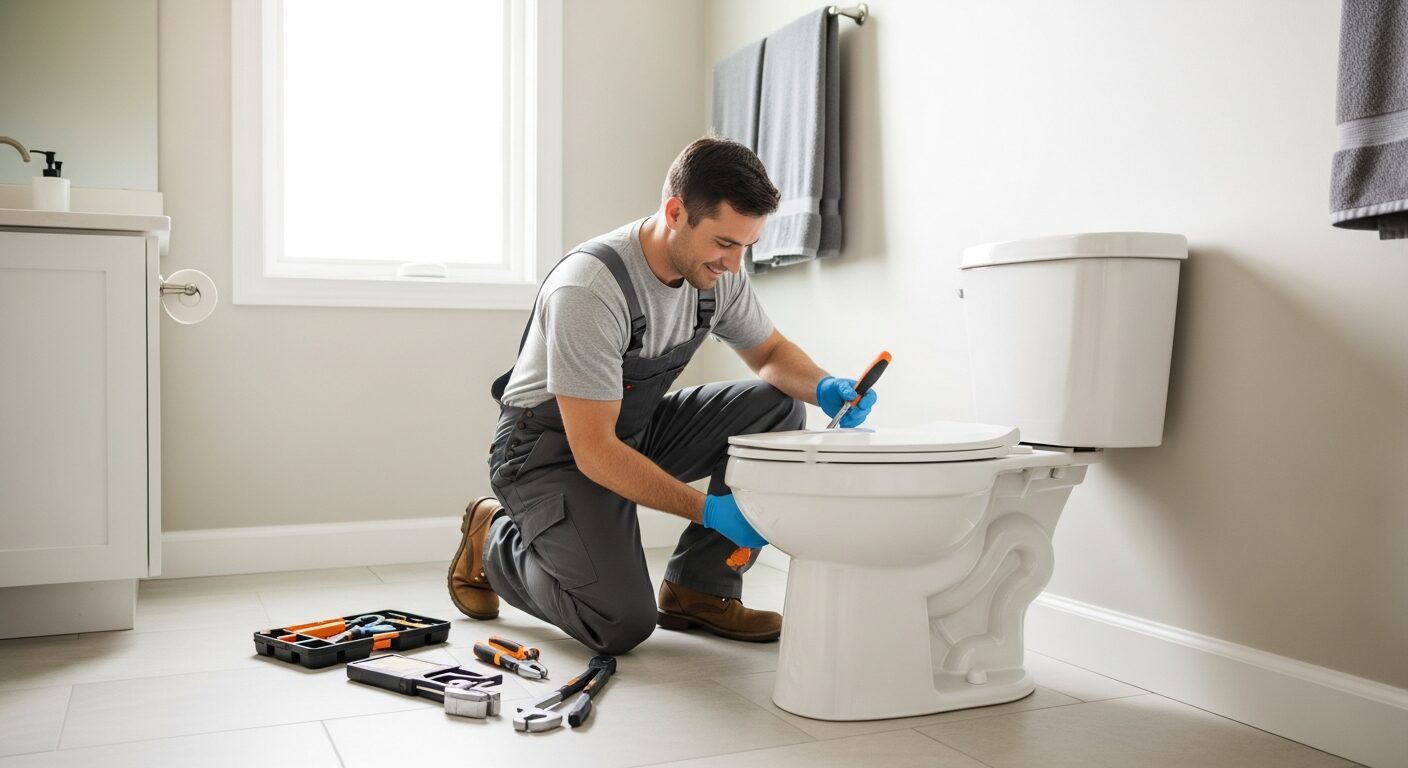 Water Pros Plumbing technician installing a new toilet in a modern bathroom