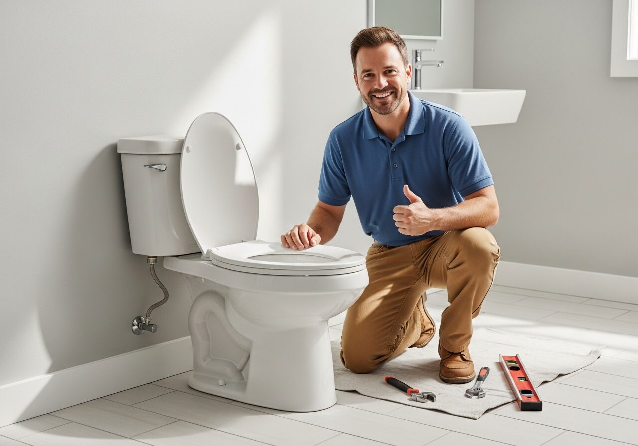 Newly installed high-efficiency toilet in a bright modern bathroom