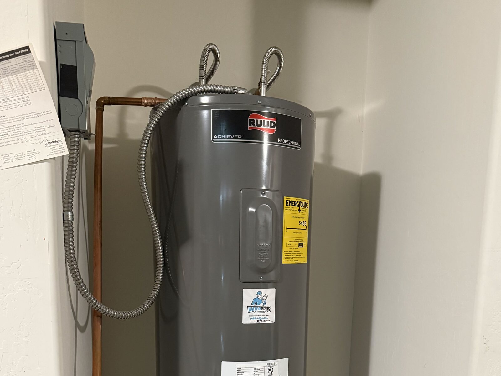 New tank water heater installed to code by Water Pros Plumbing in a Gilbert AZ home