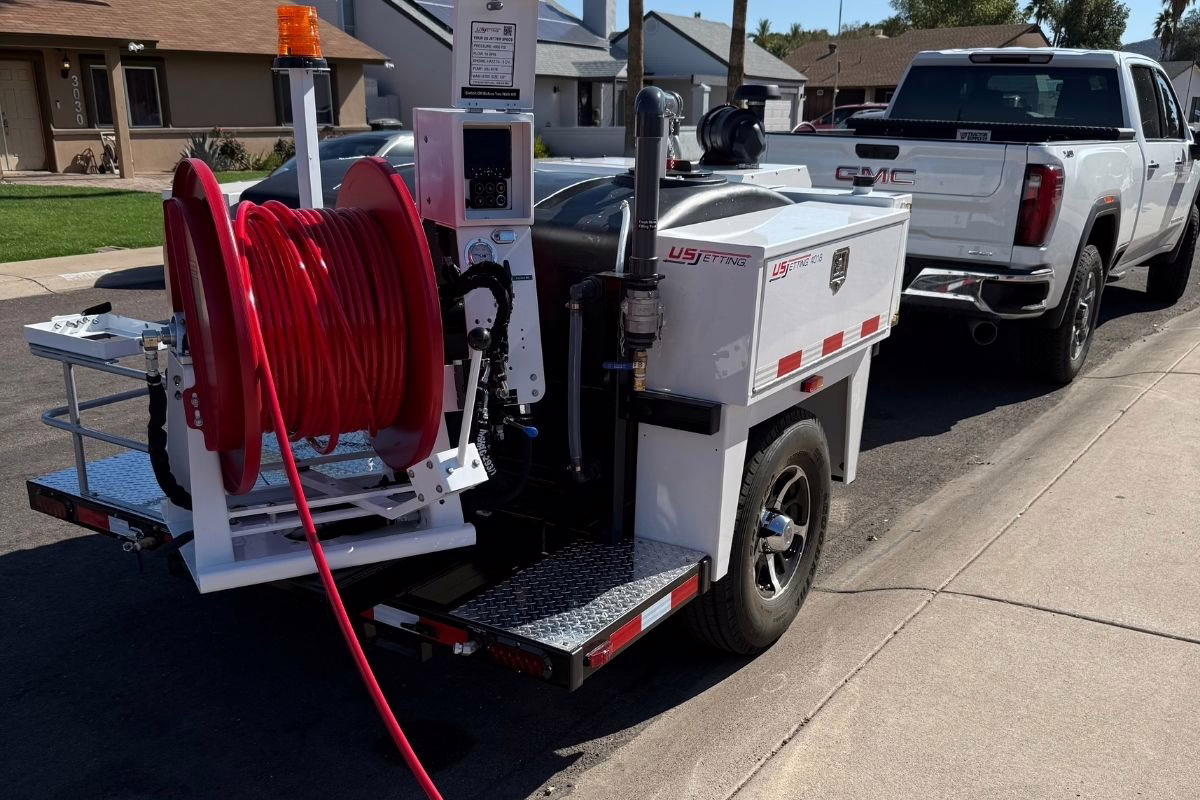 Trailer mounted Hydro Jetter being towed by a Truck in Arizona